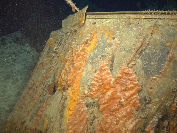 ROV photo of the 15cm hole shell hole in HMAS Sydney (II) wreck